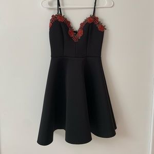 Black Skater Dress with Floral Details on Bodice
